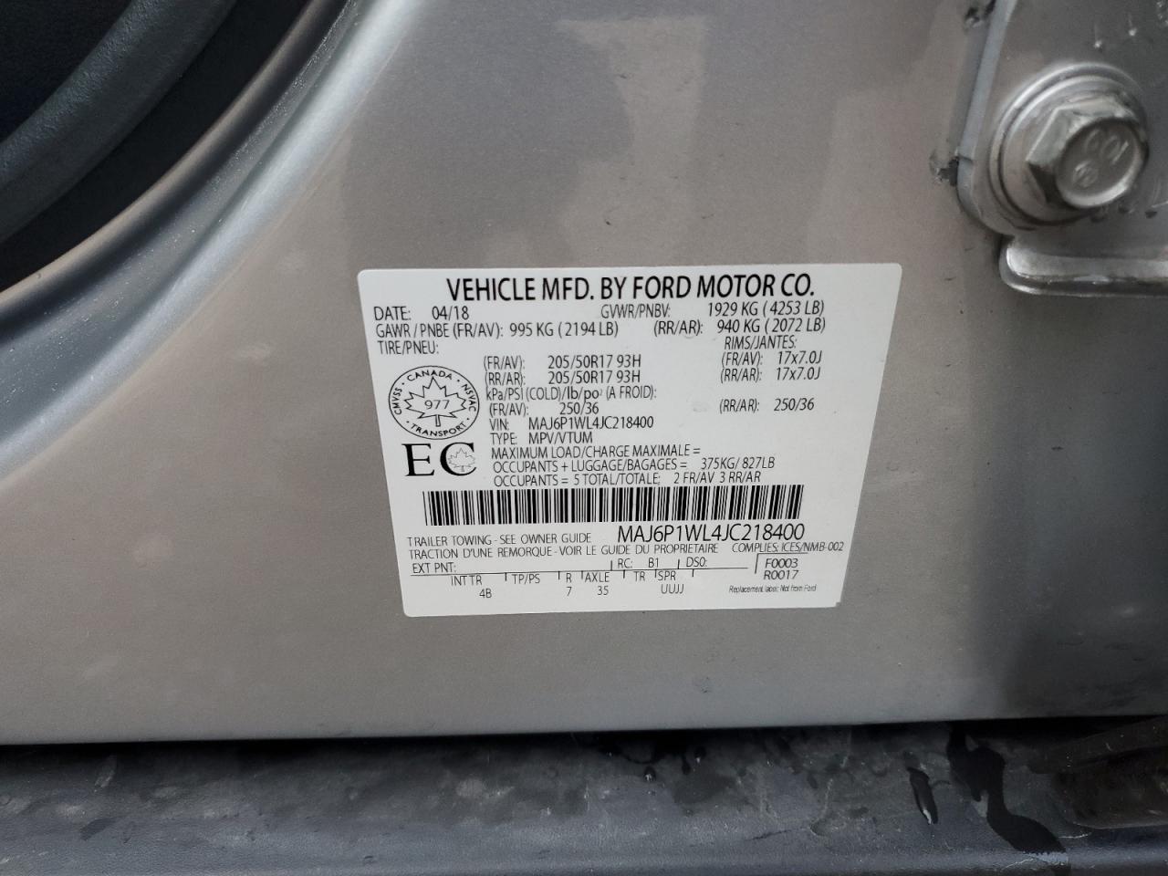 2018 Ford Ecosport Titanium VIN: MAJ6P1WL4JC218400 Lot: 87388575