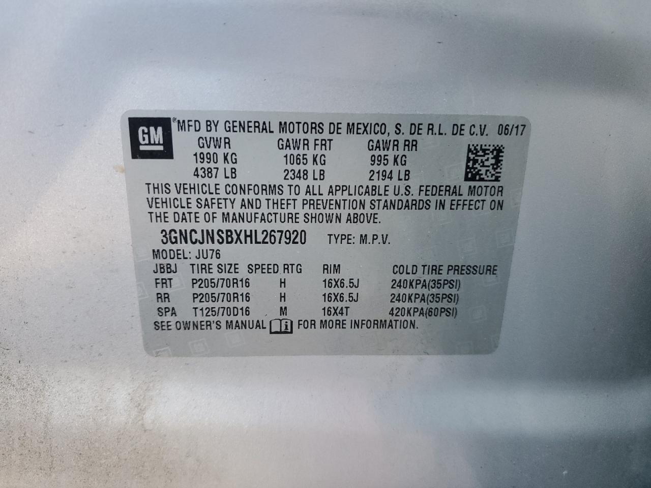 2017 Chevrolet Trax Ls VIN: 3GNCJNSBXHL267920 Lot: 82004815