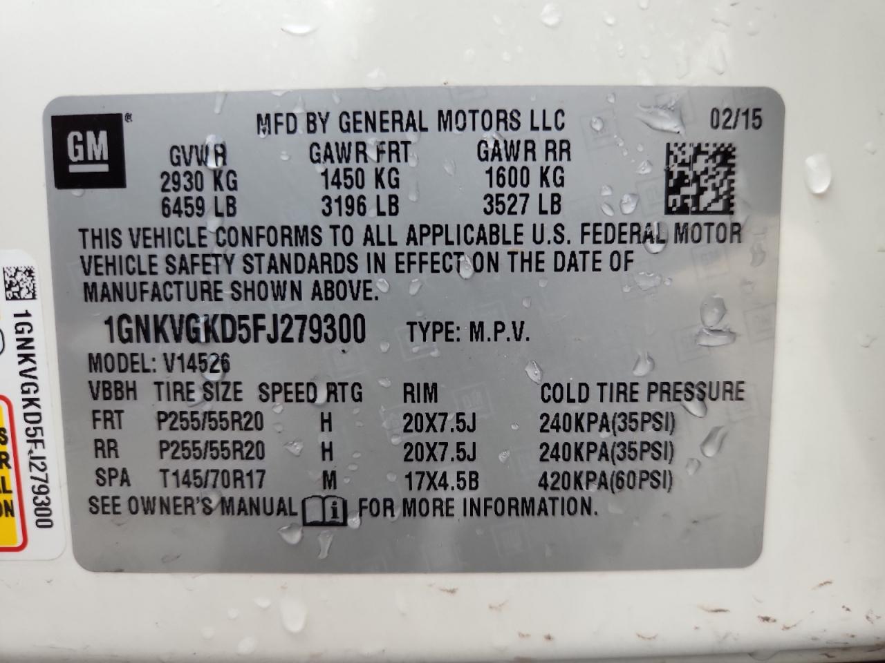 2015 Chevrolet Traverse Lt VIN: 1GNKVGKD5FJ279300 Lot: 85186655