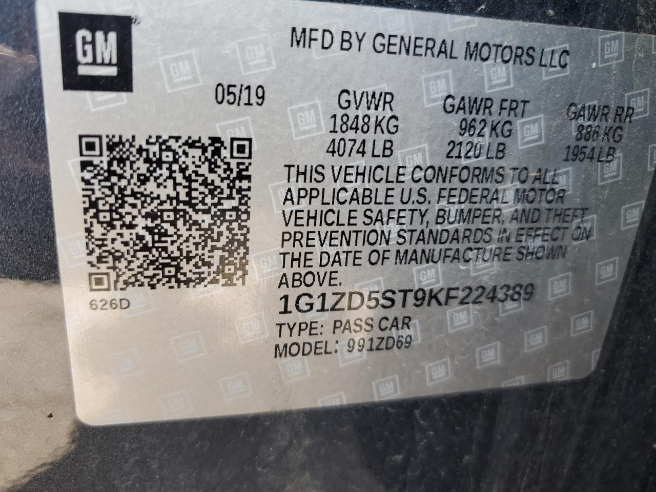 2019 Chevrolet Malibu Lt VIN: 1G1ZD5ST9KF224389 Lot: 84003175