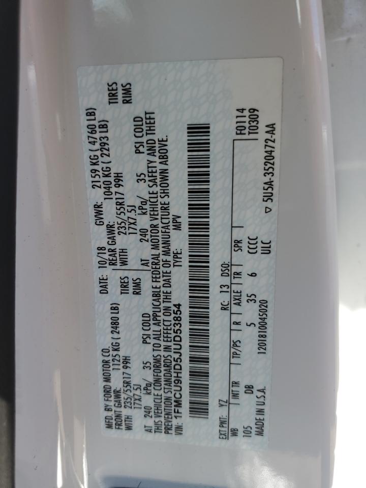 2018 Ford Escape Sel VIN: 1FMCU9HD5JUD53854 Lot: 85506125