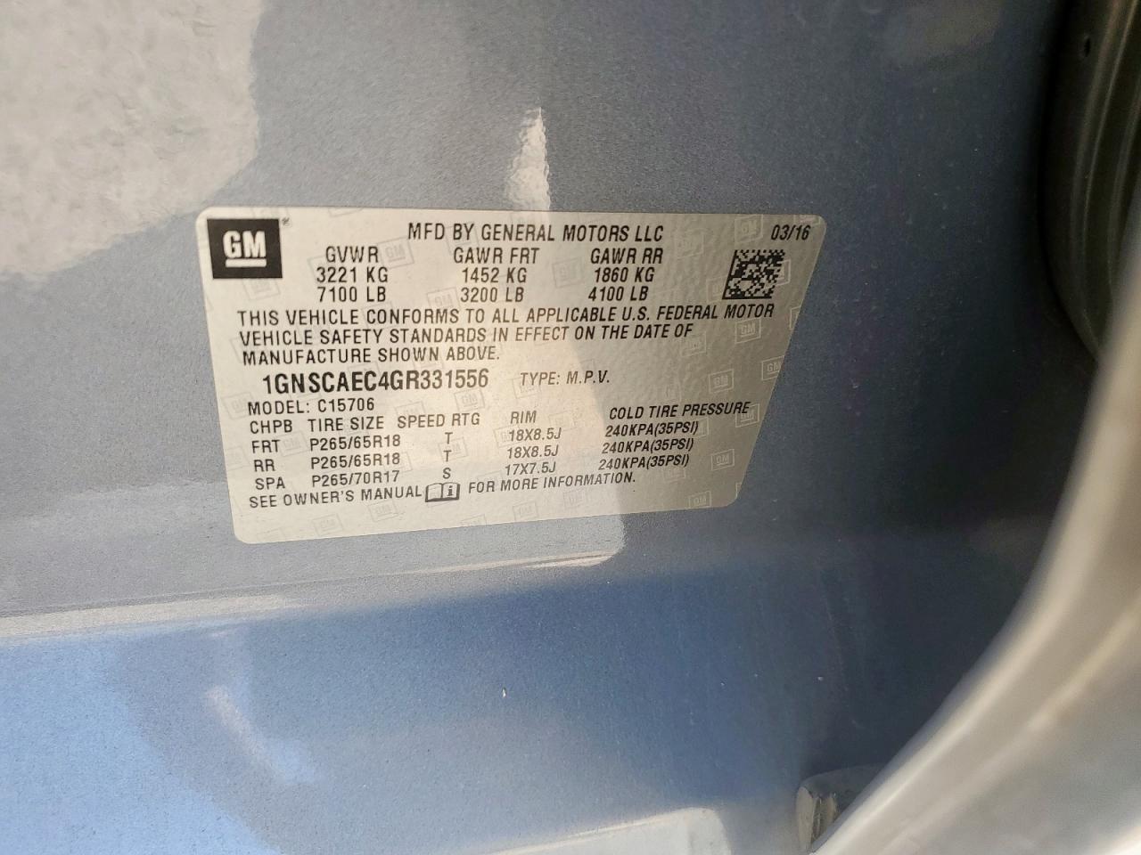 2016 Chevrolet Tahoe C1500 Ls VIN: 1GNSCAEC4GR331556 Lot: 86084285