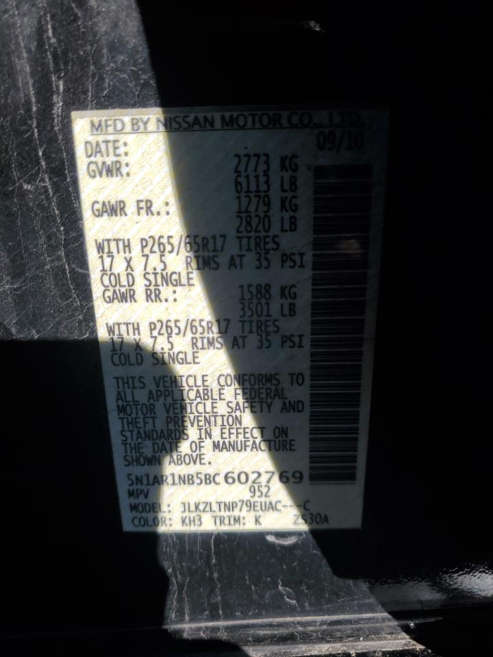 2011 Nissan Pathfinder S VIN: 5N1AR1NB5BC602769 Lot: 85149125