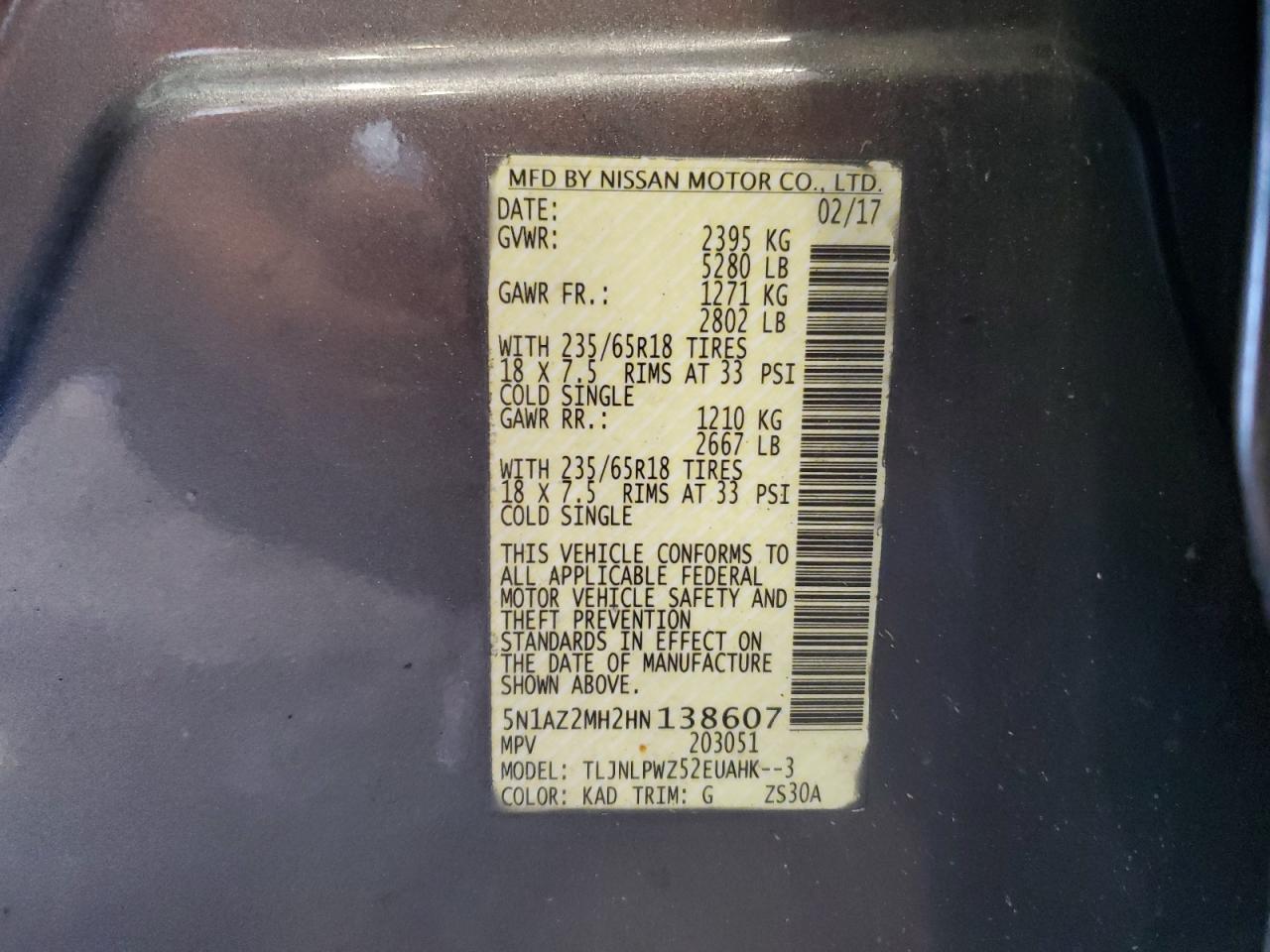 2017 Nissan Murano S VIN: 5N1AZ2MH2HN138607 Lot: 86625365