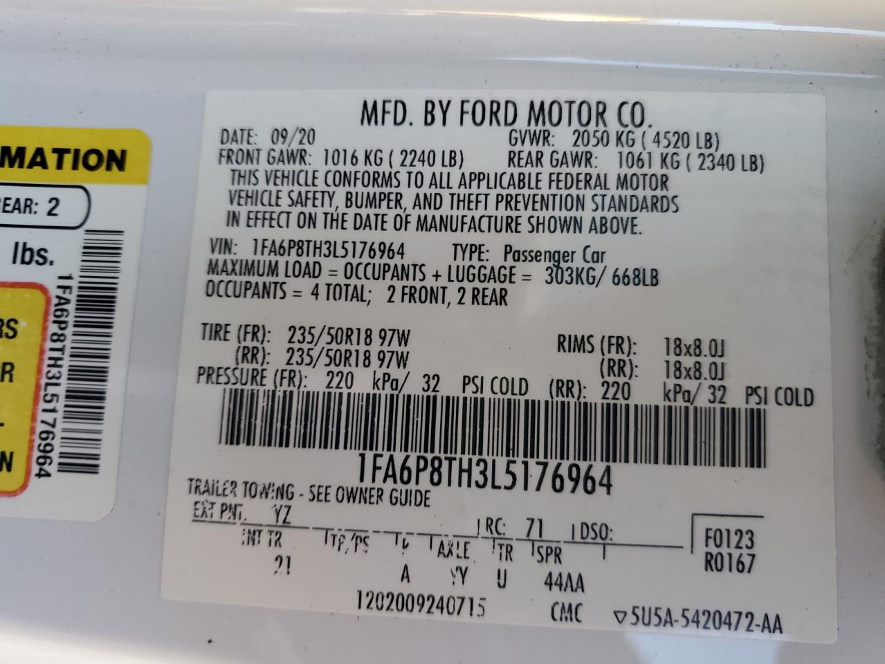 2020 Ford Mustang VIN: 1FA6P8TH3L5176964 Lot: 82510935