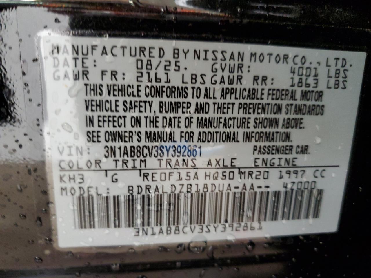 2025 Nissan Sentra Sv VIN: 3N1AB8CV3SY392861 Lot: 85562595