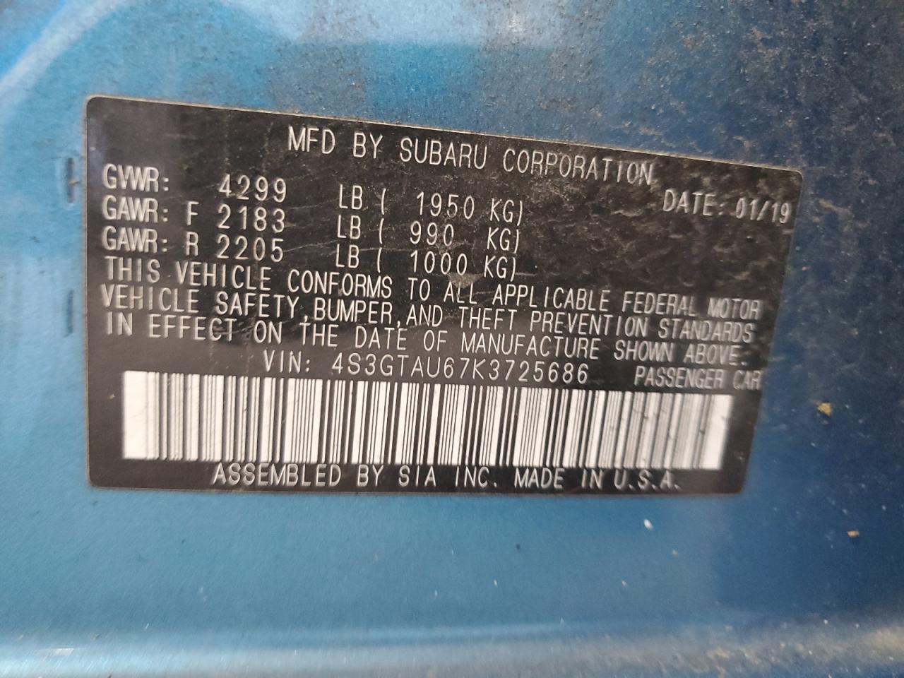 2019 Subaru Impreza Limited VIN: 4S3GTAU67K3725686 Lot: 81945245