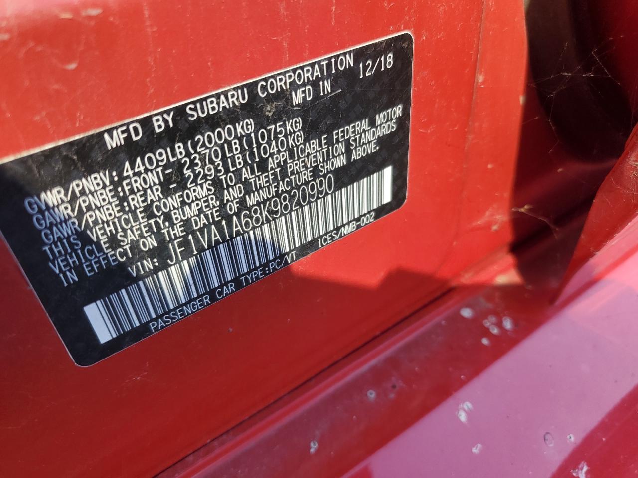 2019 Subaru Wrx VIN: JF1VA1A68K9820990 Lot: 82414445