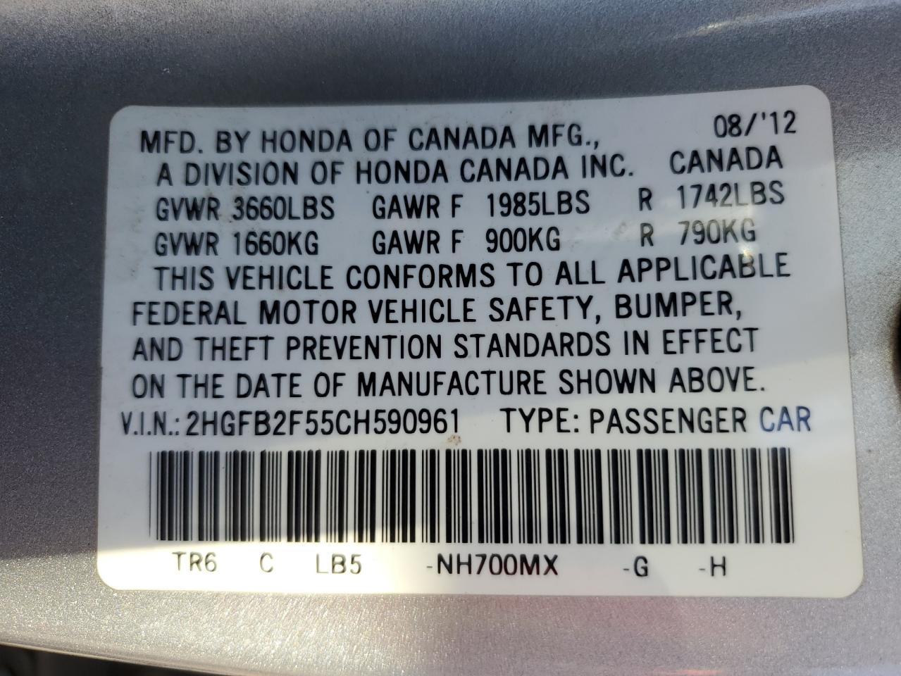 2012 Honda Civic Lx VIN: 2HGFB2F55CH590961 Lot: 81946515