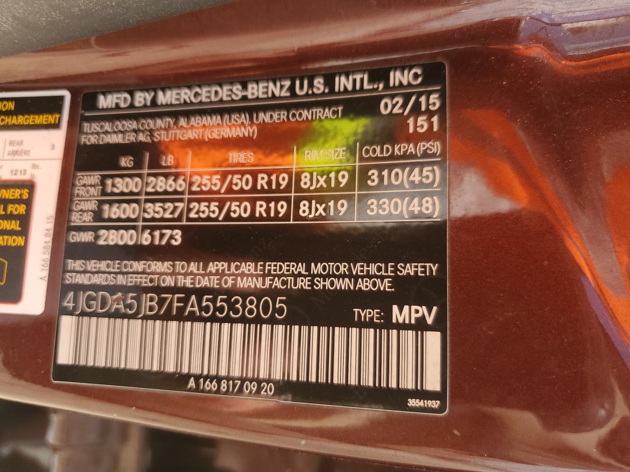 2015 Mercedes-Benz Ml 350 VIN: 4JGDA5JB7FA553805 Lot: 82308405