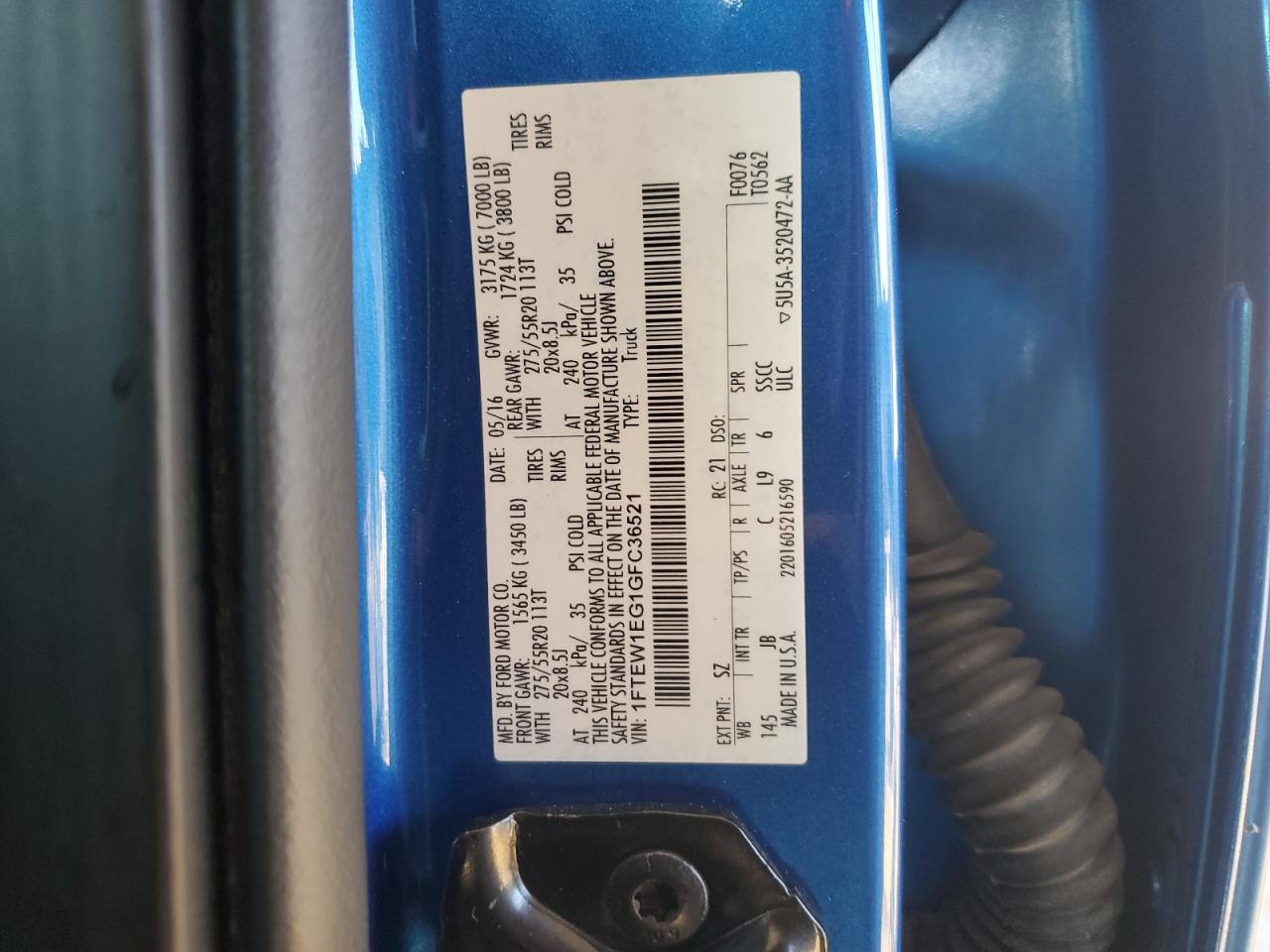 2016 Ford F150 Supercrew VIN: 1FTEW1EG1GFC36521 Lot: 81963615