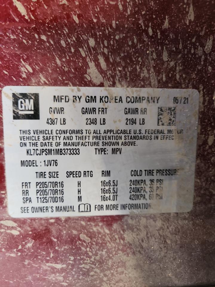 2021 Chevrolet Trax 1Lt VIN: KL7CJPSM1MB373333 Lot: 87207575