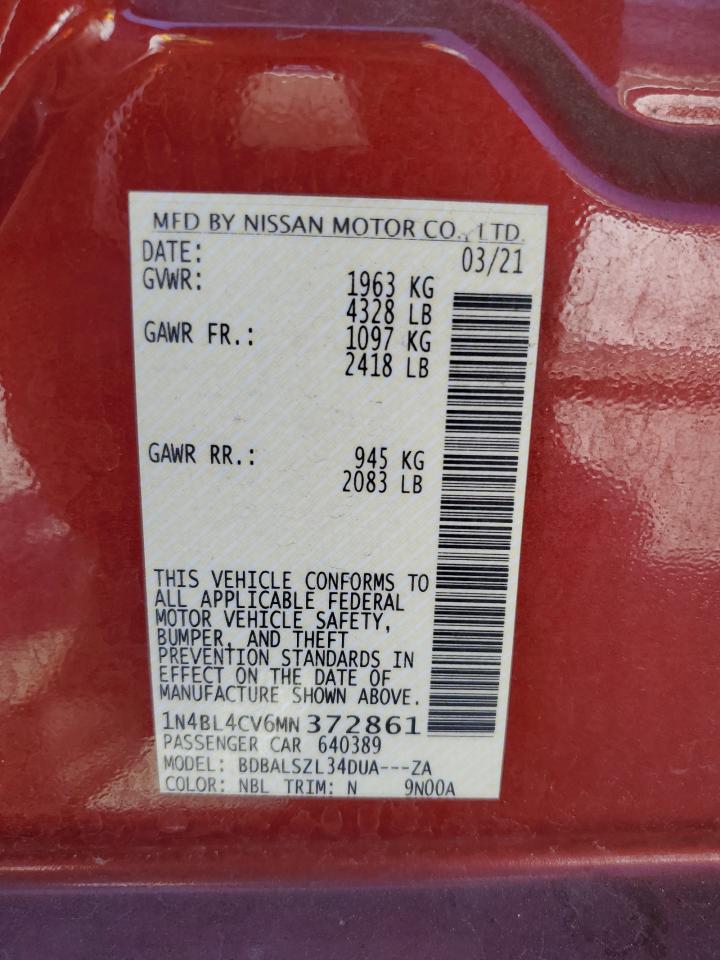 2021 Nissan Altima Sr VIN: 1N4BL4CV6MN372861 Lot: 84951845