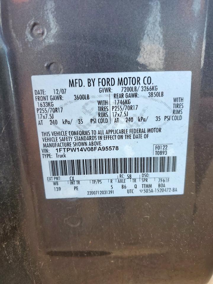 2008 Ford F150 Supercrew VIN: 1FTPW14V08FA95578 Lot: 84069855