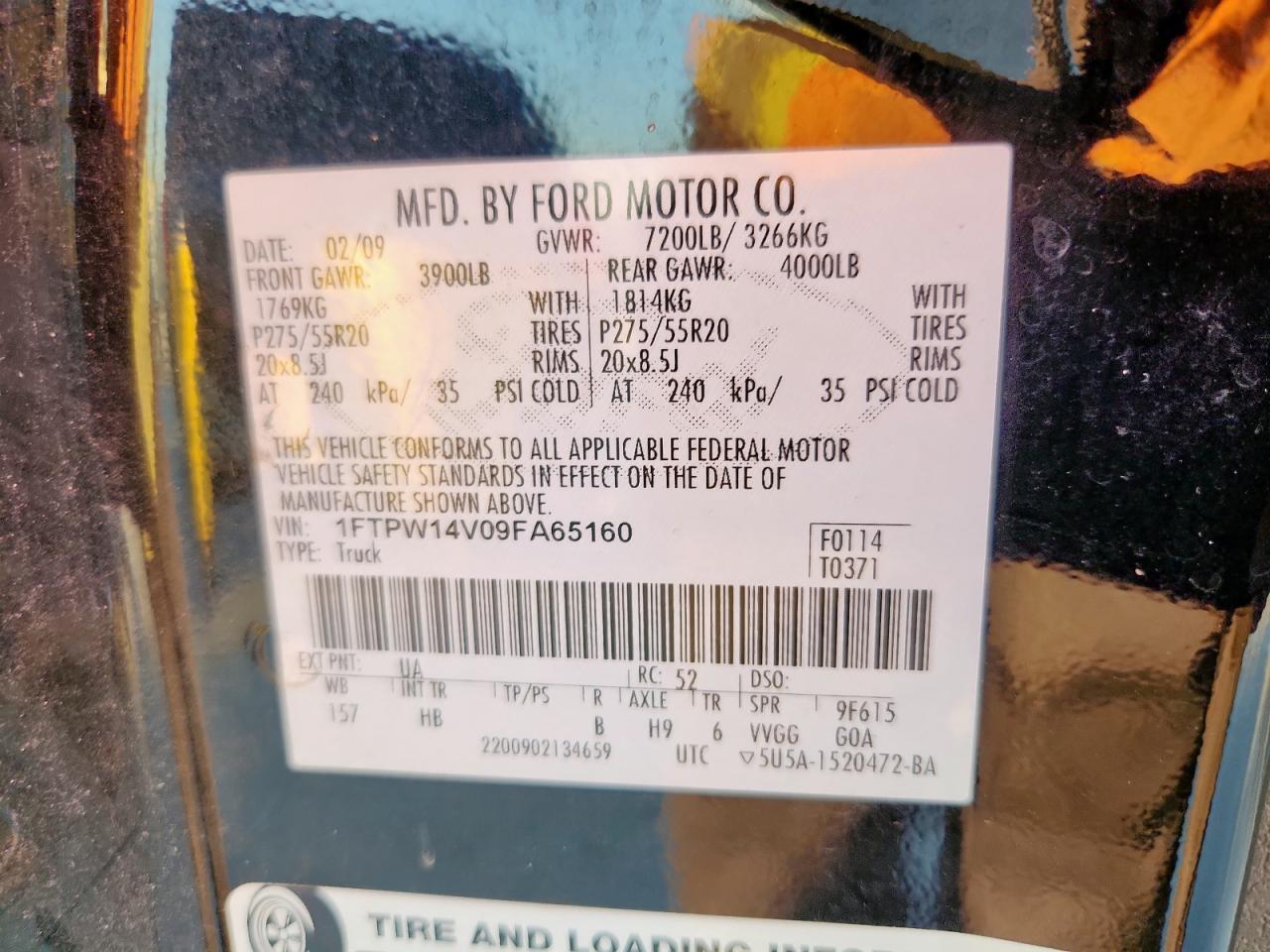 2009 Ford F150 Supercrew VIN: 1FTPW14V09FA65160 Lot: 85911275