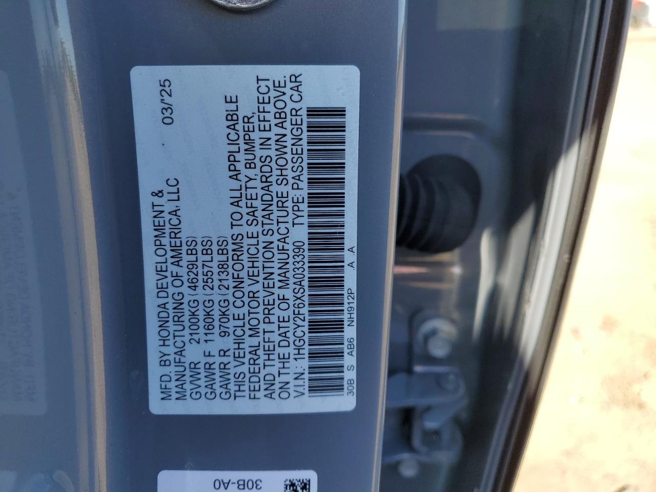 2025 Honda Accord Hybrid Exl VIN: 1HGCY2F6XSA033390 Lot: 84772325