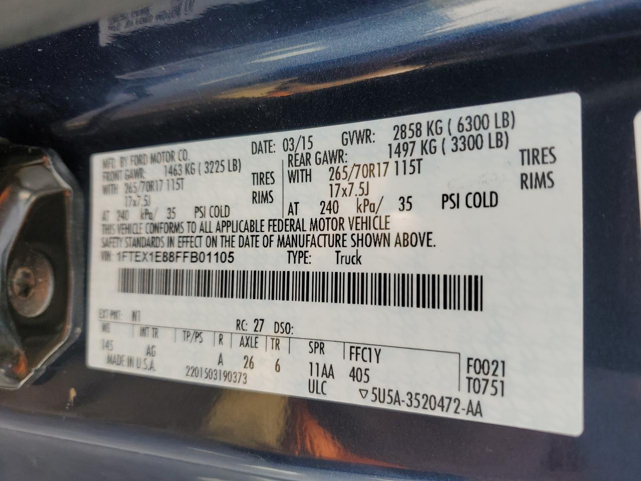 2015 Ford F150 Super Cab VIN: 1FTEX1E88FFB01105 Lot: 85678455