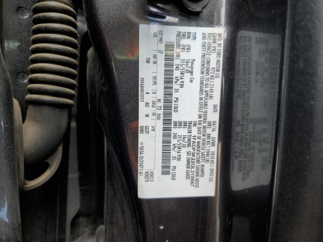 2016 Ford Focus Se VIN: 1FADP3K22GL315667 Lot: 84710445