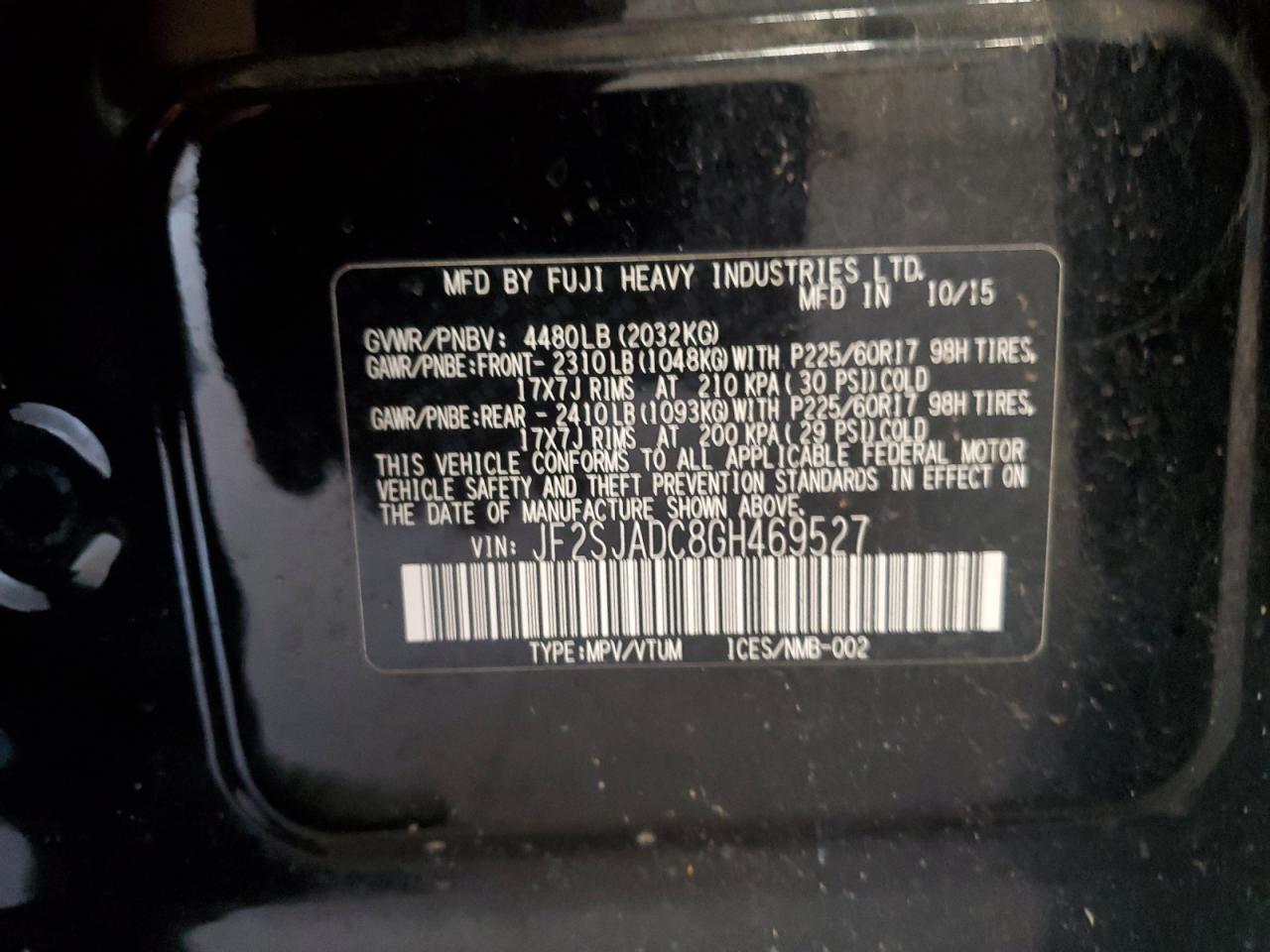 2016 Subaru Forester 2.5I Premium VIN: JF2SJADC8GH469527 Lot: 85653195