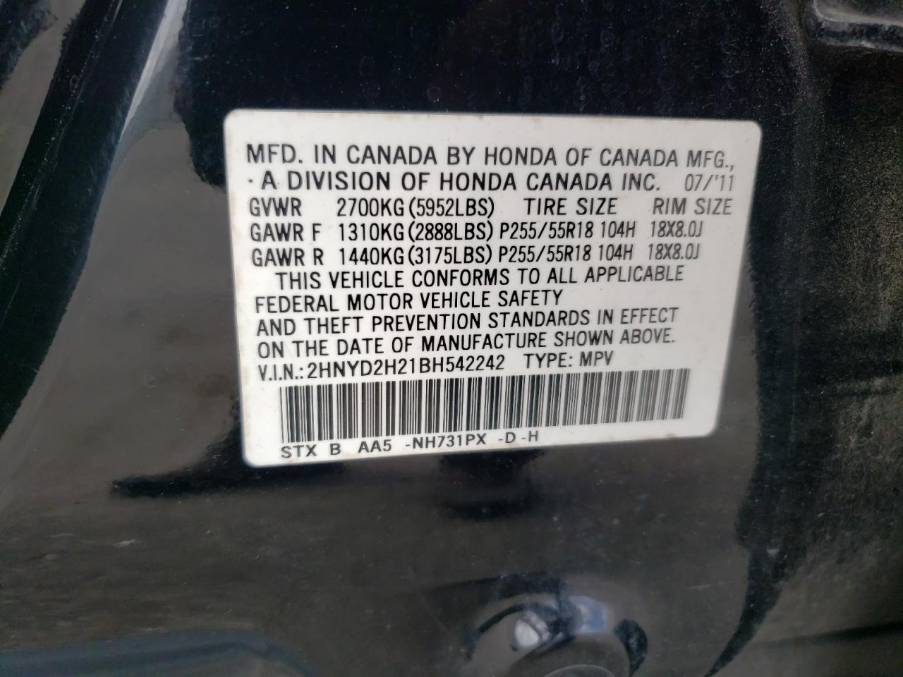 2011 Acura Mdx VIN: 2HNYD2H21BH542242 Lot: 85488525