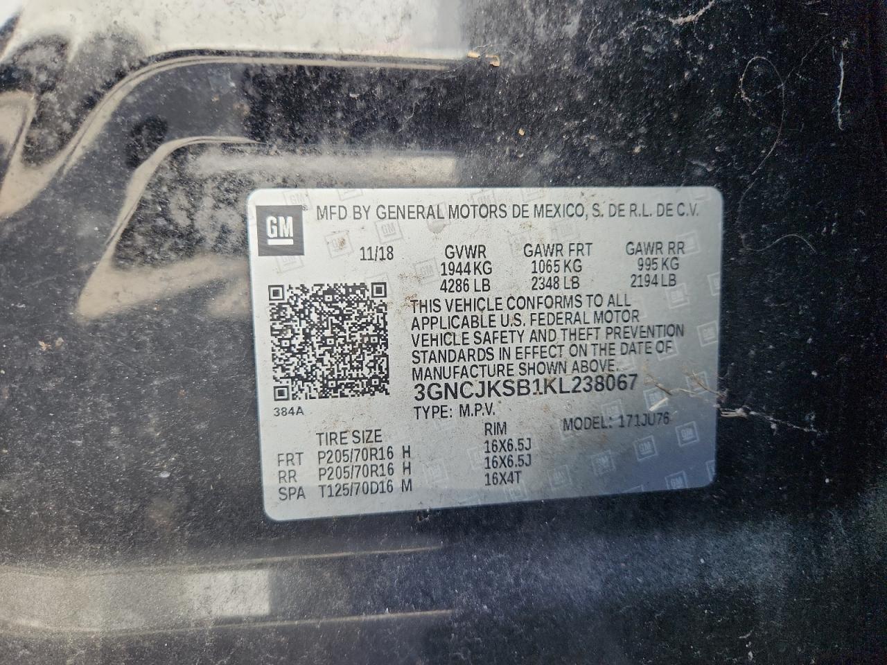 2019 Chevrolet Trax Ls VIN: 3GNCJKSB1KL238067 Lot: 89470795