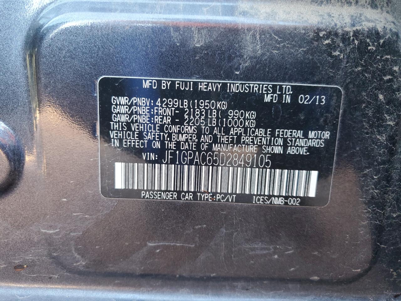 2013 Subaru Impreza Premium VIN: JF1GPAC65D2849105 Lot: 86484205