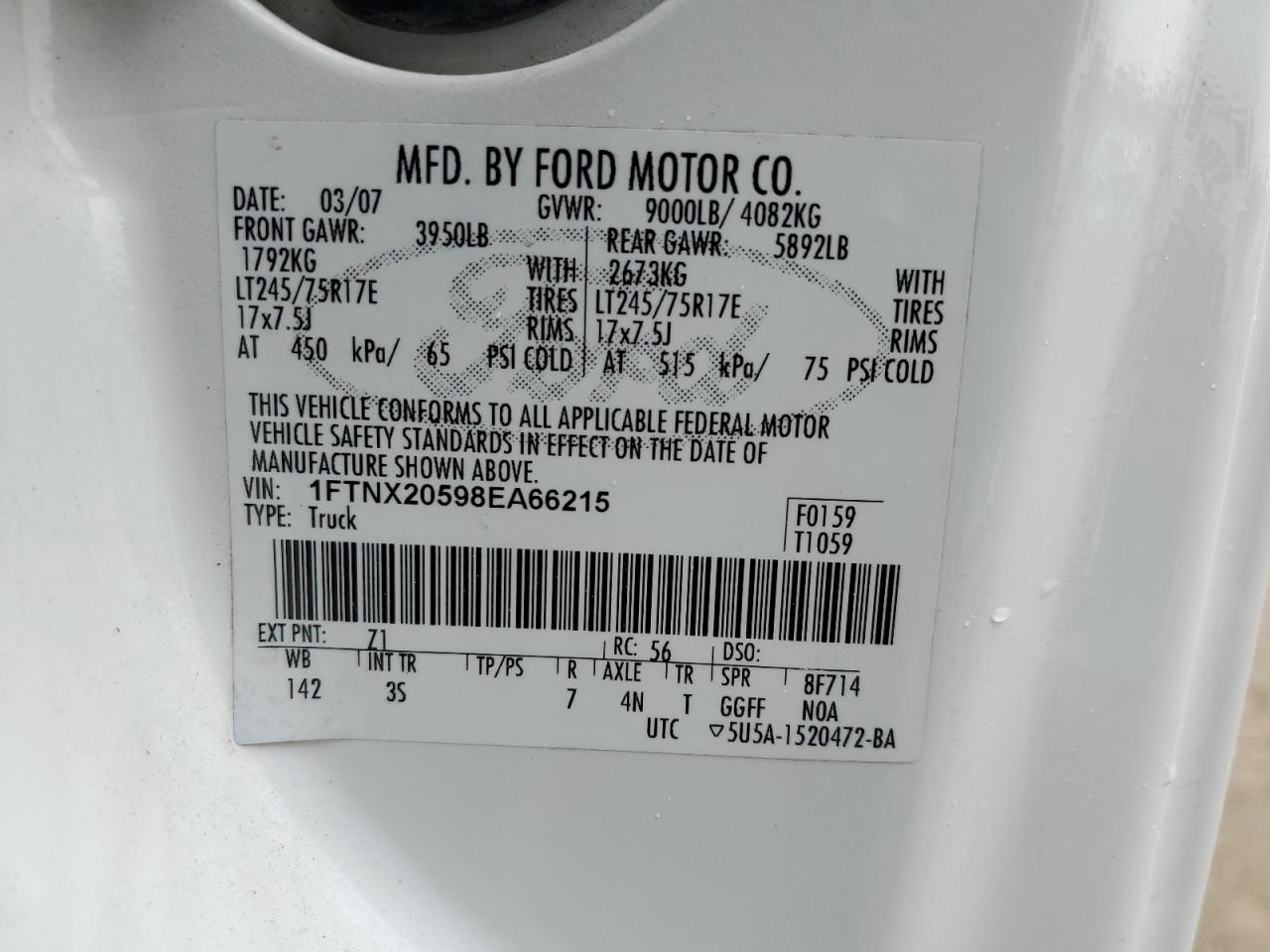 2008 Ford F250 Super Duty VIN: 1FTNX20598EA66215 Lot: 85878965