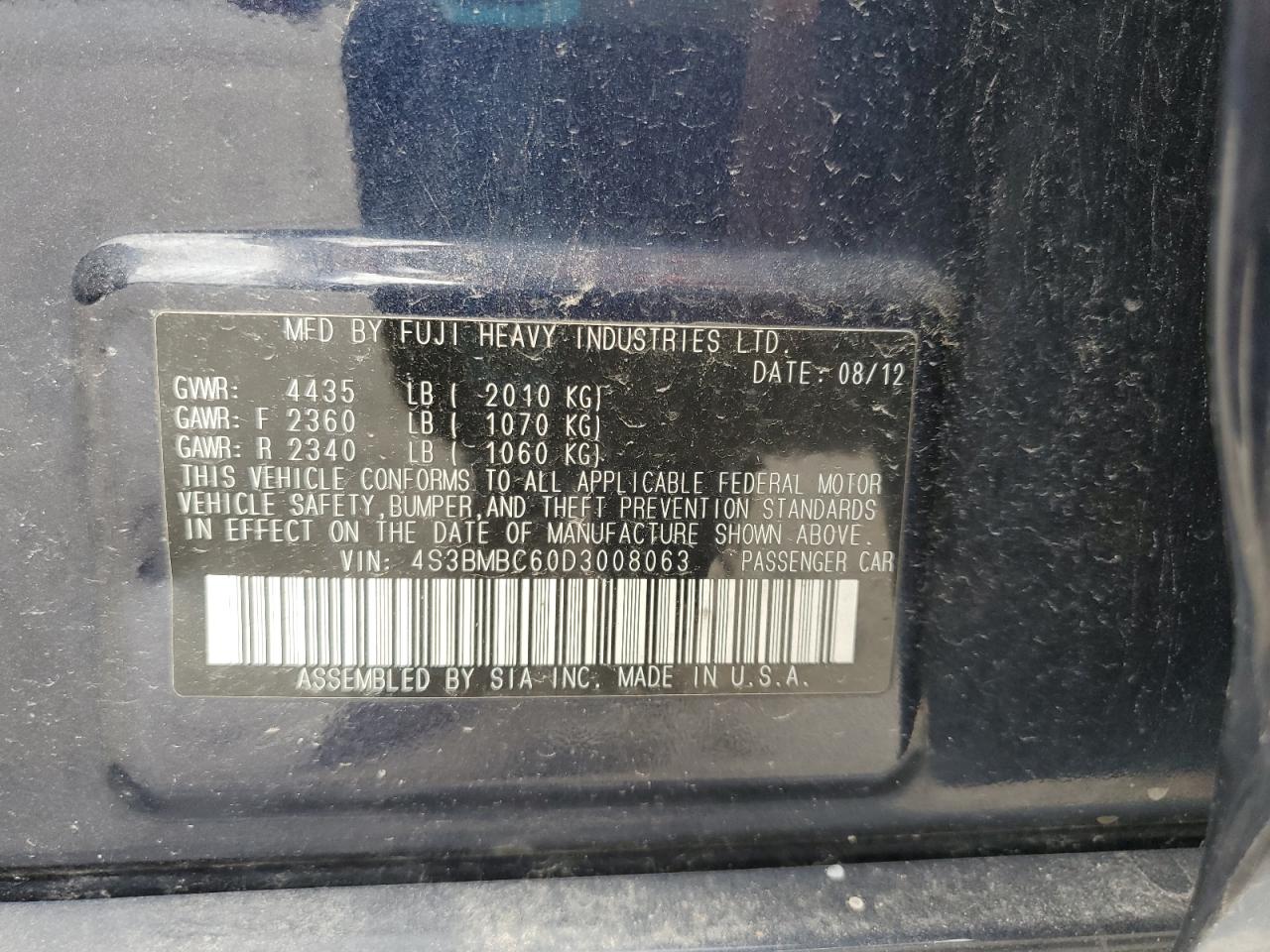 2013 Subaru Legacy 2.5I Premium VIN: 4S3BMBC60D3008063 Lot: 86593295