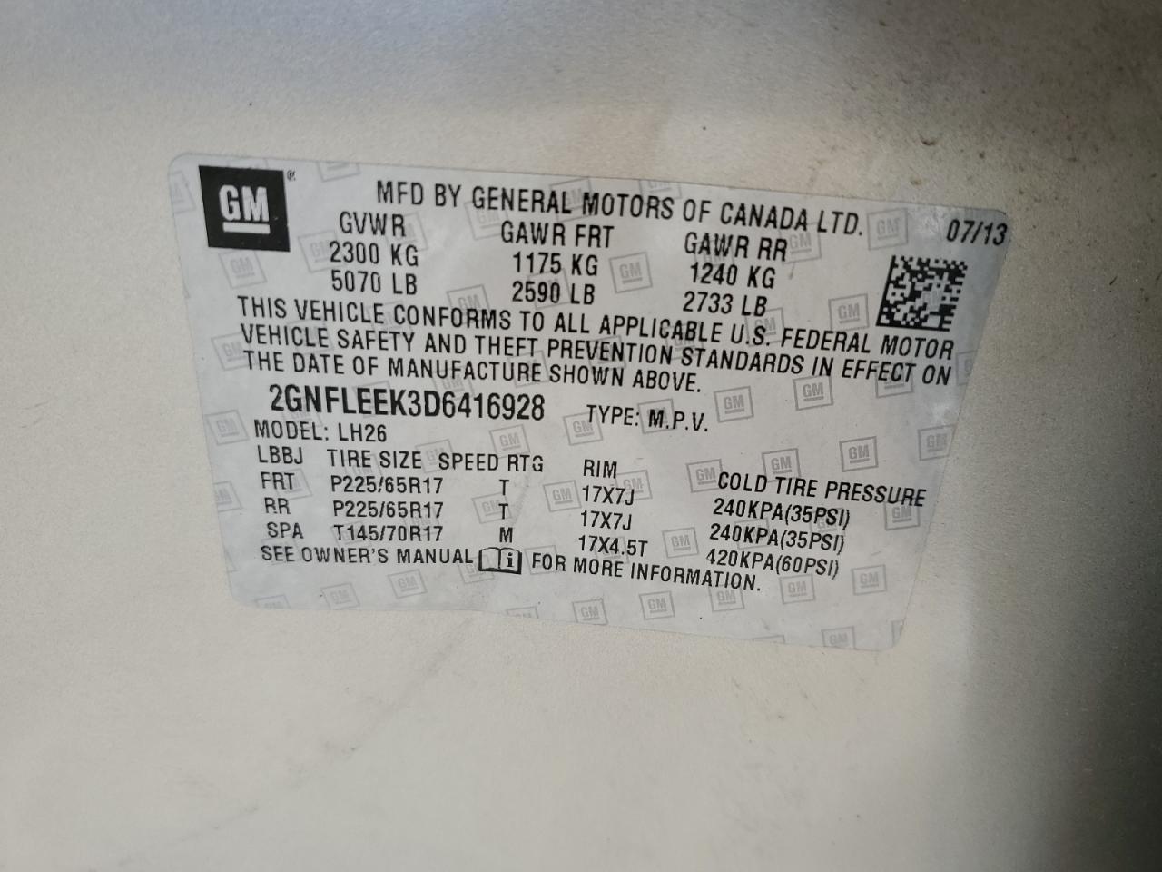 2013 Chevrolet Equinox Lt VIN: 2GNFLEEK3D6416928 Lot: 82181425