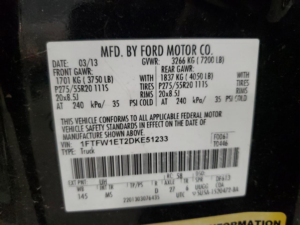 2013 Ford F150 Supercrew VIN: 1FTFW1ET2DKE51233 Lot: 86717525