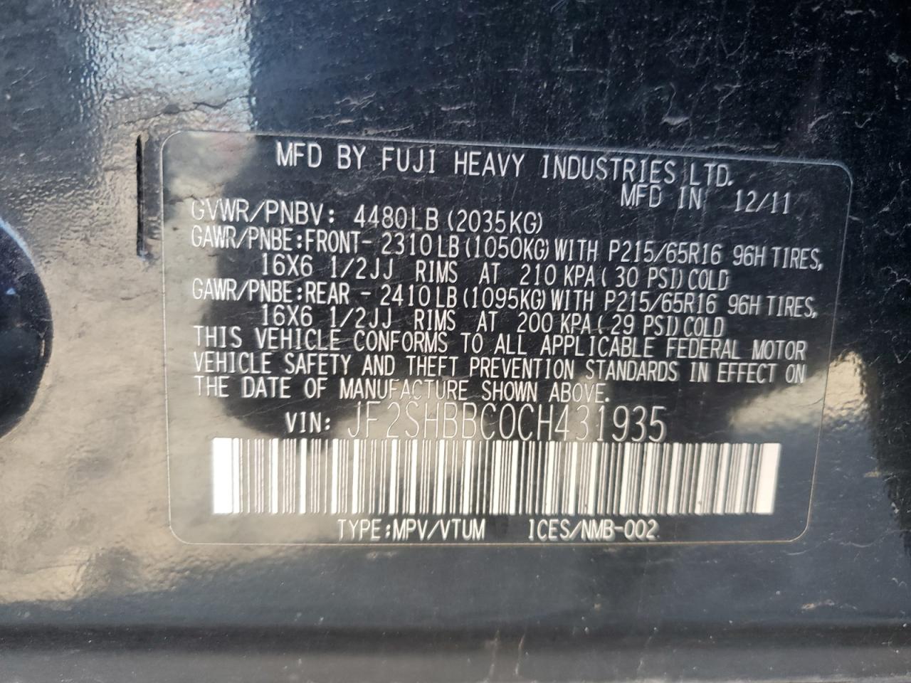 2012 Subaru Forester 2.5X VIN: JF2SHBBC0CH431935 Lot: 86049475