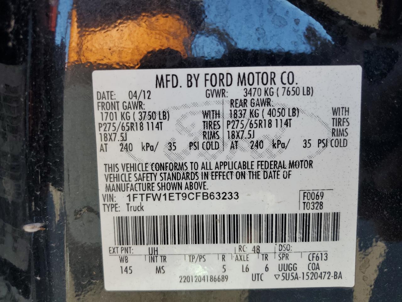 2012 Ford F150 Supercrew VIN: 1FTFW1ET9CFB63233 Lot: 84544135