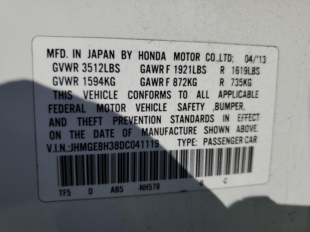 2013 Honda Fit VIN: JHMGE8H38DC041119 Lot: 85562315
