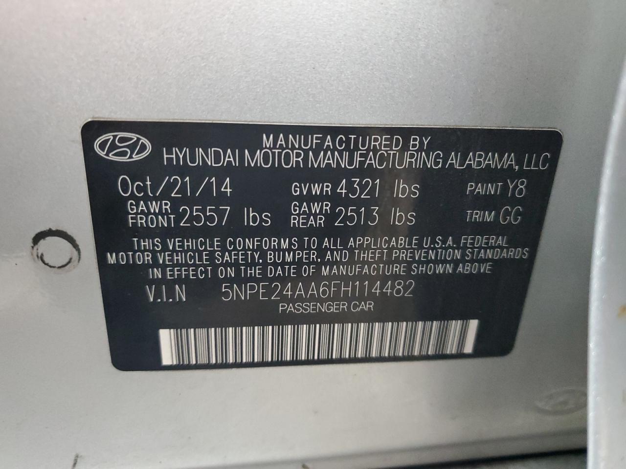 2015 Hyundai Sonata Eco VIN: 5NPE24AA6FH114482 Lot: 85942195