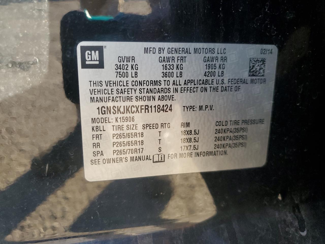 2015 Chevrolet Suburban K1500 Lt VIN: 1GNSKJKCXFR118424 Lot: 82207545