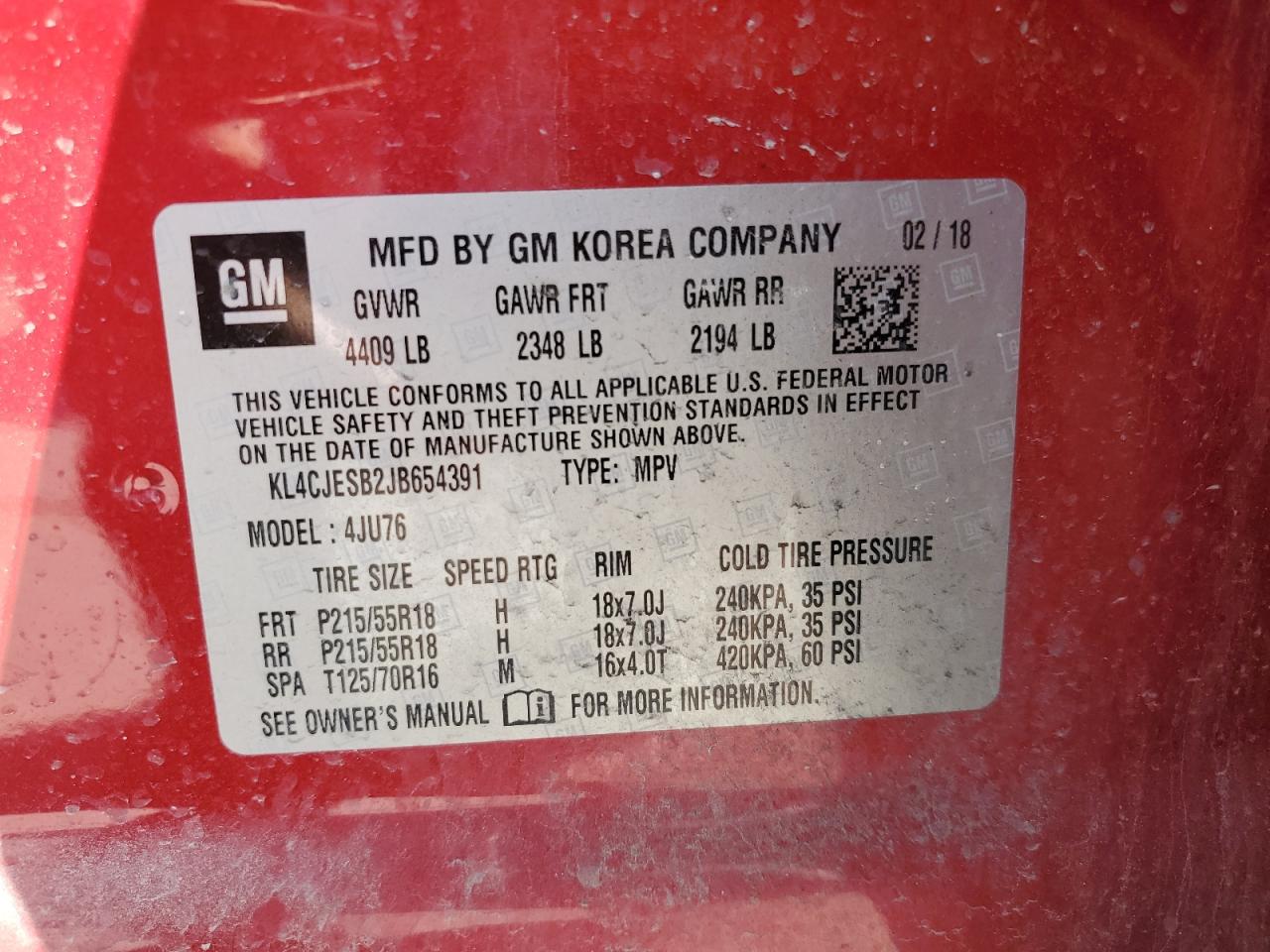 2018 Buick Encore Preferred VIN: KL4CJESB2JB654391 Lot: 82002945