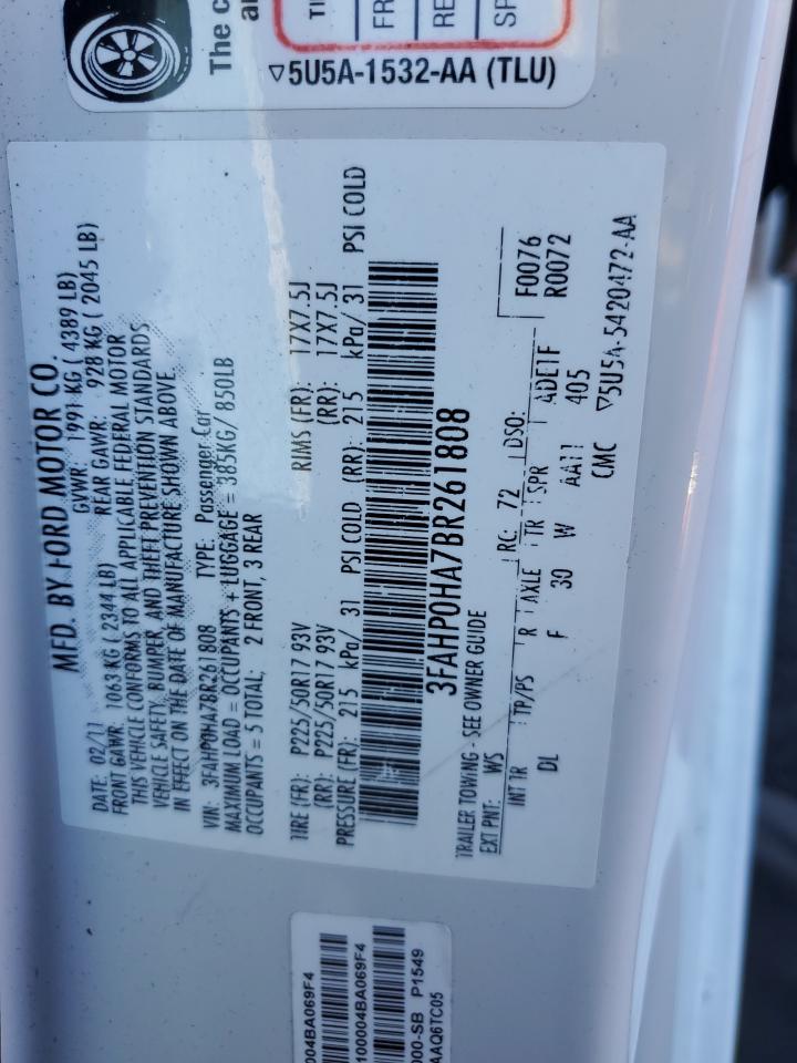 2011 Ford Fusion Se VIN: 3FAHP0HA7BR261808 Lot: 90778395