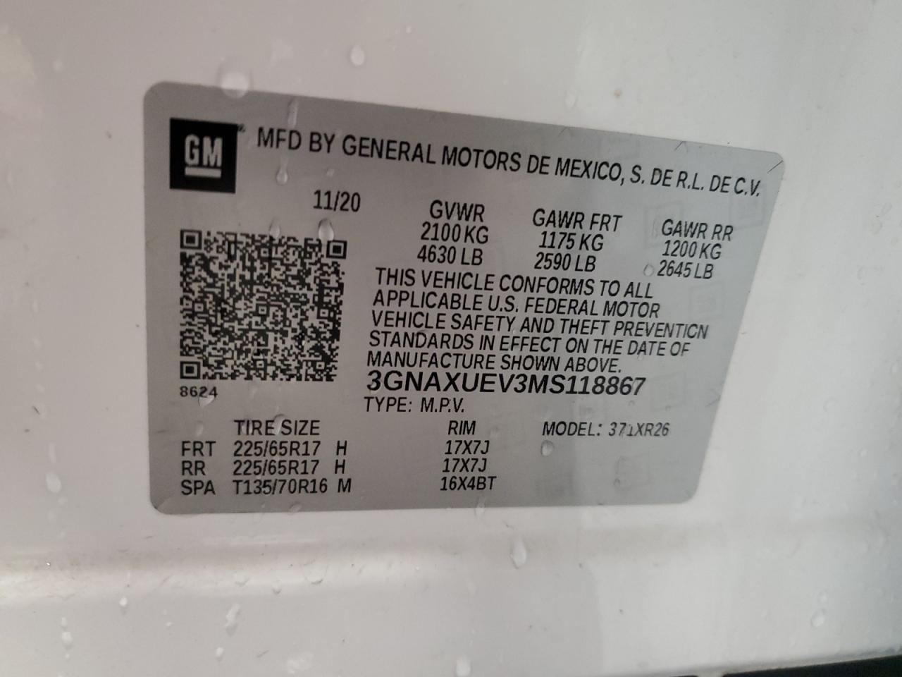 2021 Chevrolet Equinox Lt VIN: 3GNAXUEV3MS118867 Lot: 86331615