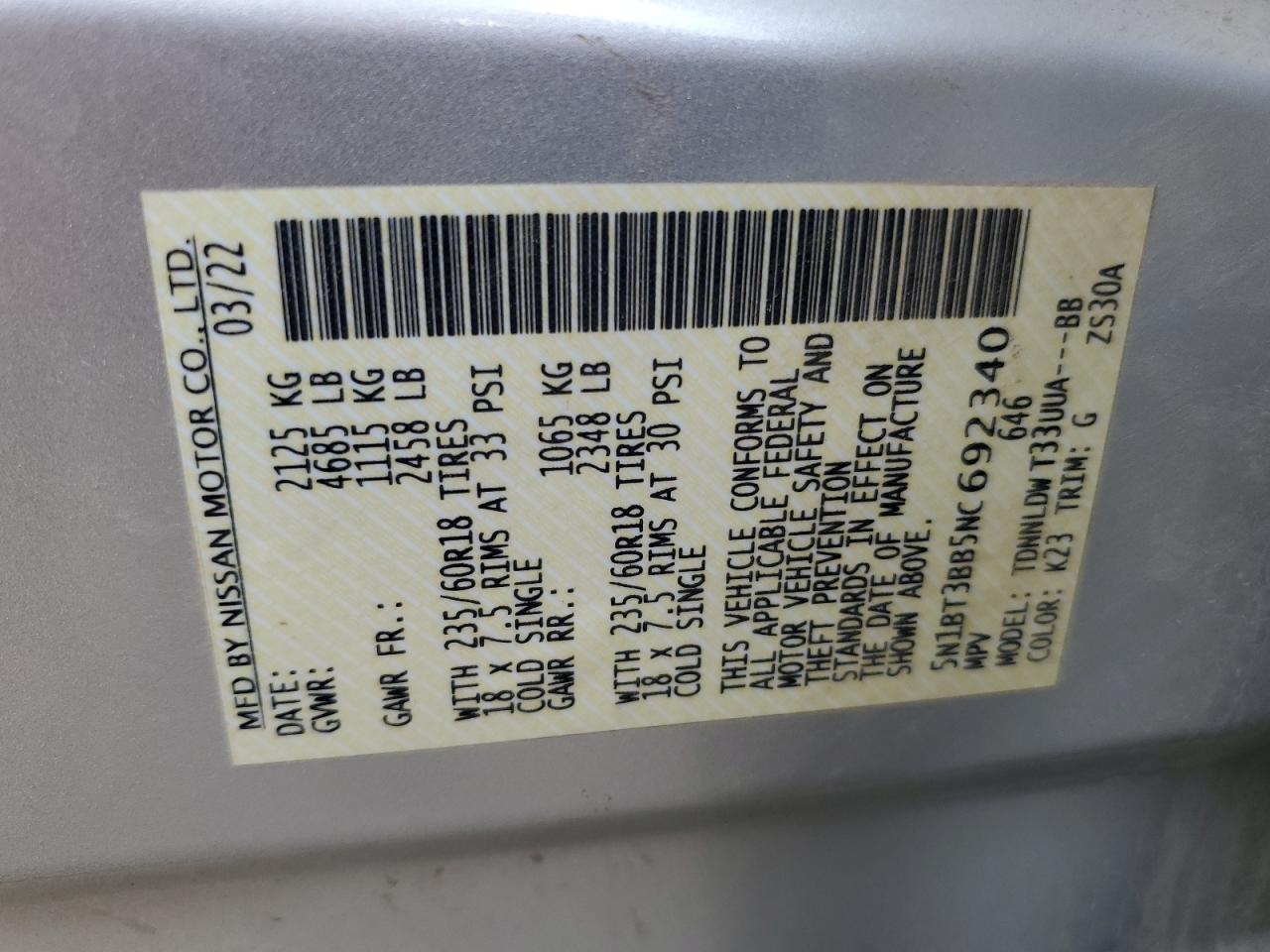 2022 Nissan Rogue Sv VIN: 5N1BT3BB5NC692340 Lot: 81823275