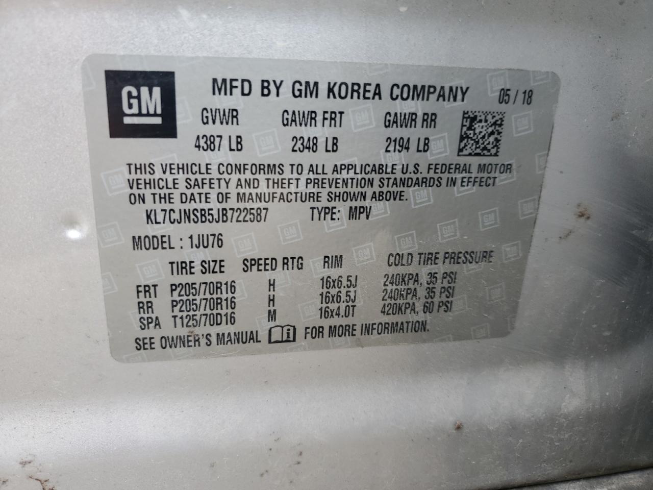 2018 Chevrolet Trax Ls VIN: KL7CJNSB5JB722587 Lot: 90105605