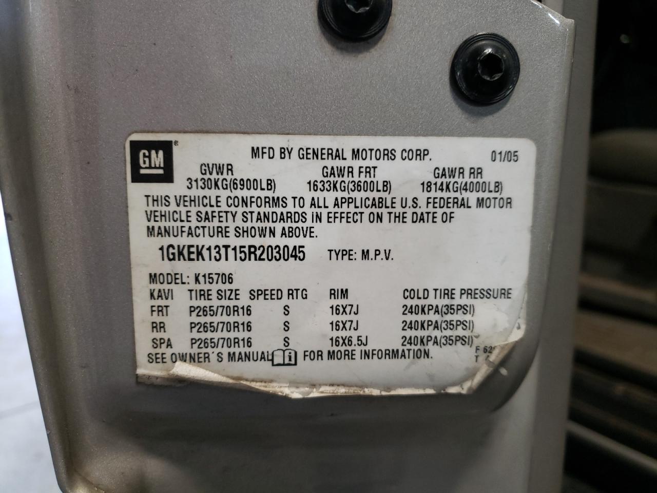 2005 GMC Yukon VIN: 1GKEK13T15R203045 Lot: 90736125