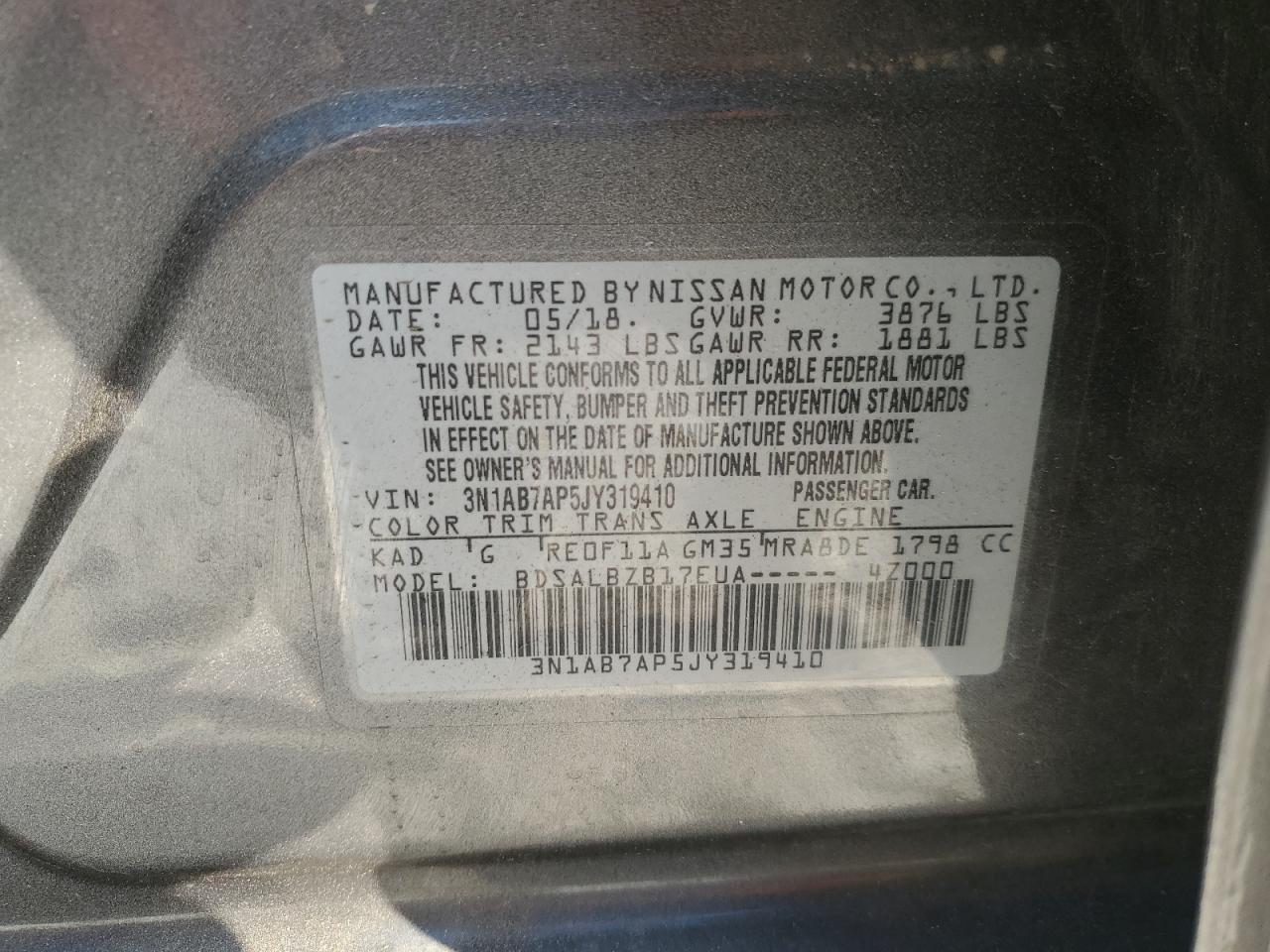 2018 Nissan Sentra S VIN: 3N1AB7AP5JY319410 Lot: 86869485