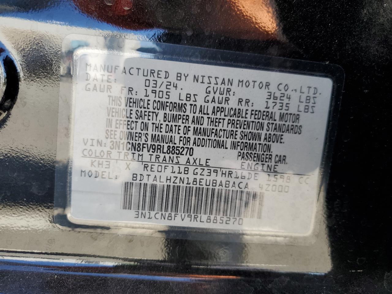 2024 Nissan Versa Sr VIN: 3N1CN8FV9RL885270 Lot: 82239015