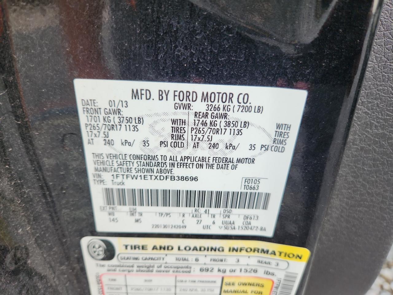 2013 Ford F150 Supercrew VIN: 1FTFW1ETXDFB38696 Lot: 87037525