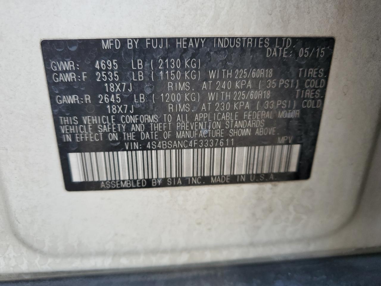 2015 Subaru Outback 2.5I Limited VIN: 4S4BSANC4F3337611 Lot: 85587955