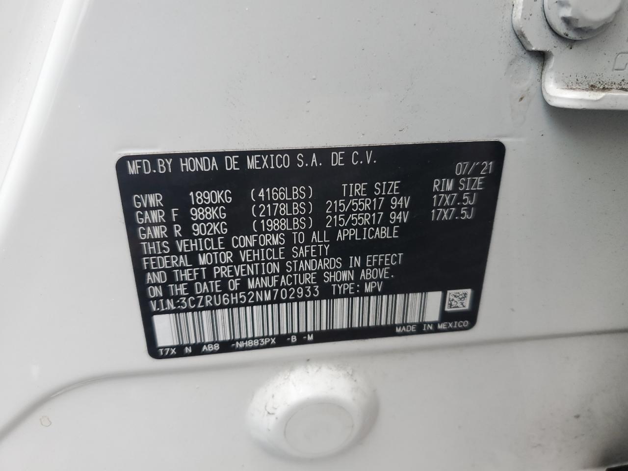 2022 Honda Hr-V Ex VIN: 3CZRU6H52NM702933 Lot: 84920095