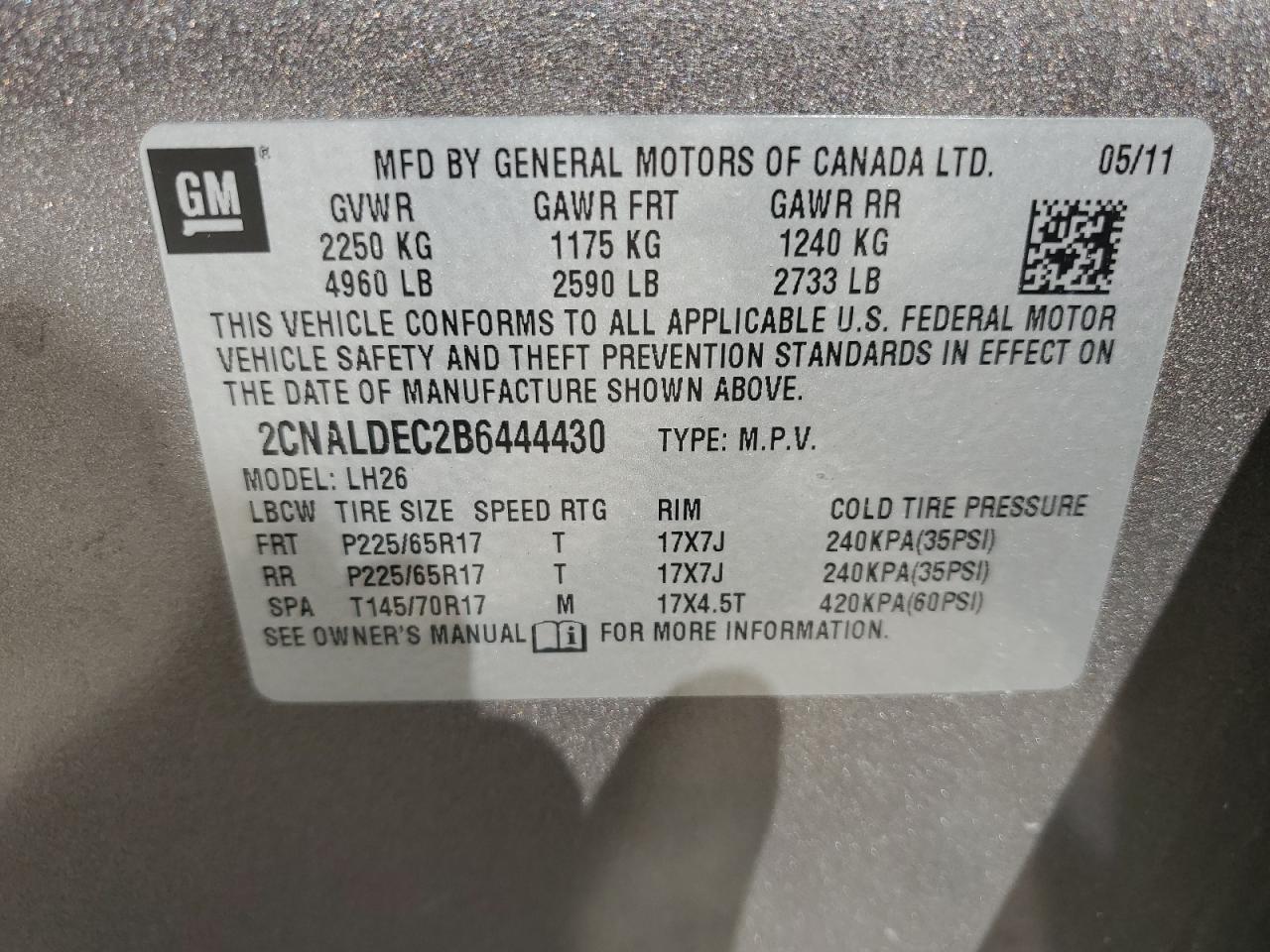 2011 Chevrolet Equinox Lt VIN: 2CNALDEC2B6444430 Lot: 84751205
