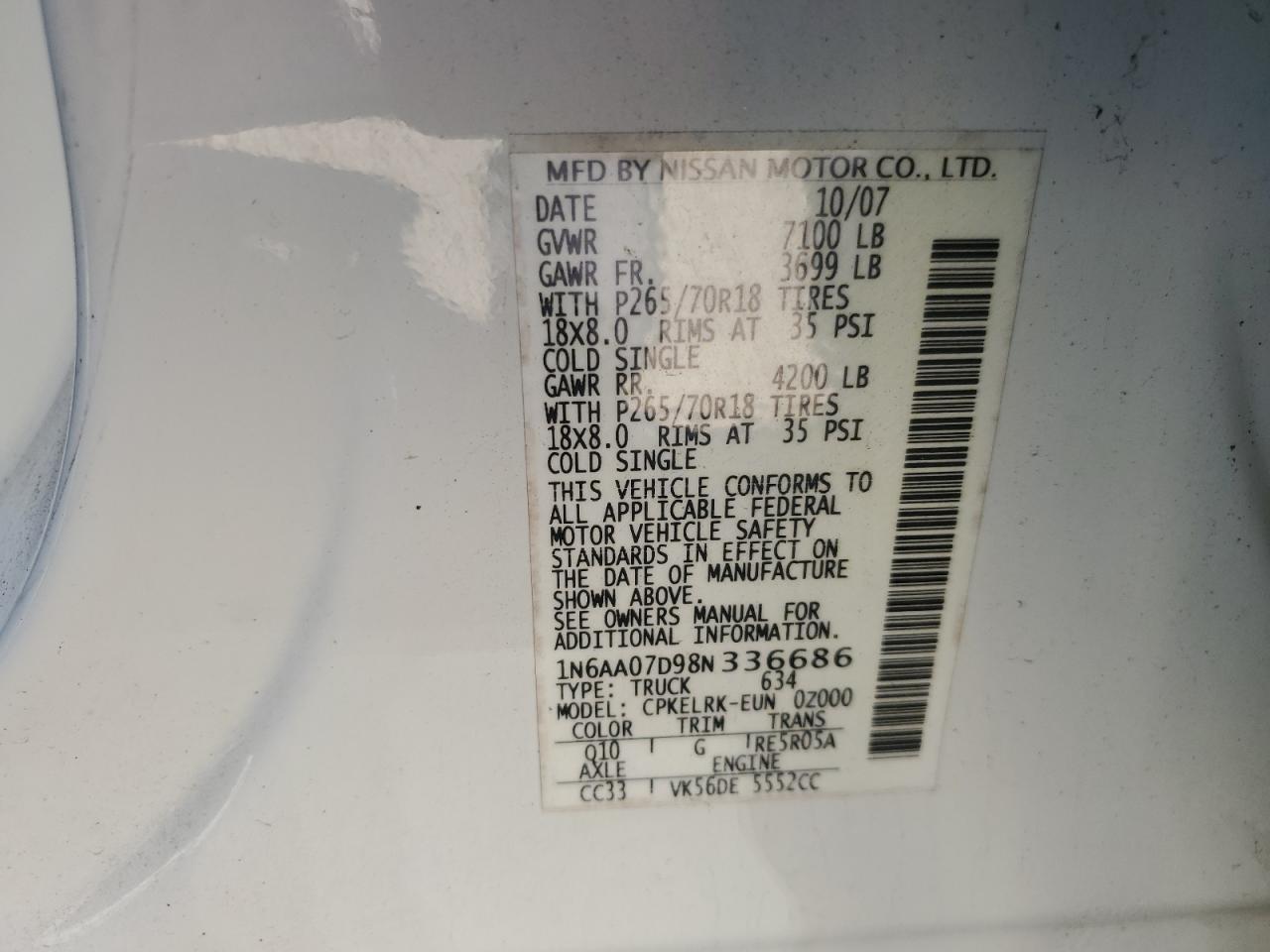 2008 Nissan Titan Xe VIN: 1N6AA07D98N336686 Lot: 90726045