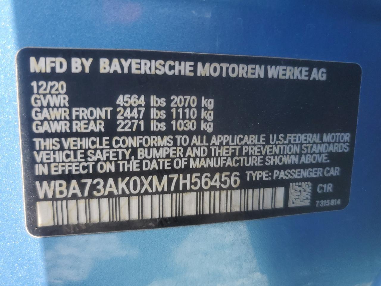 2021 BMW 228Xi VIN: WBA73AK0XM7H56456 Lot: 89540965