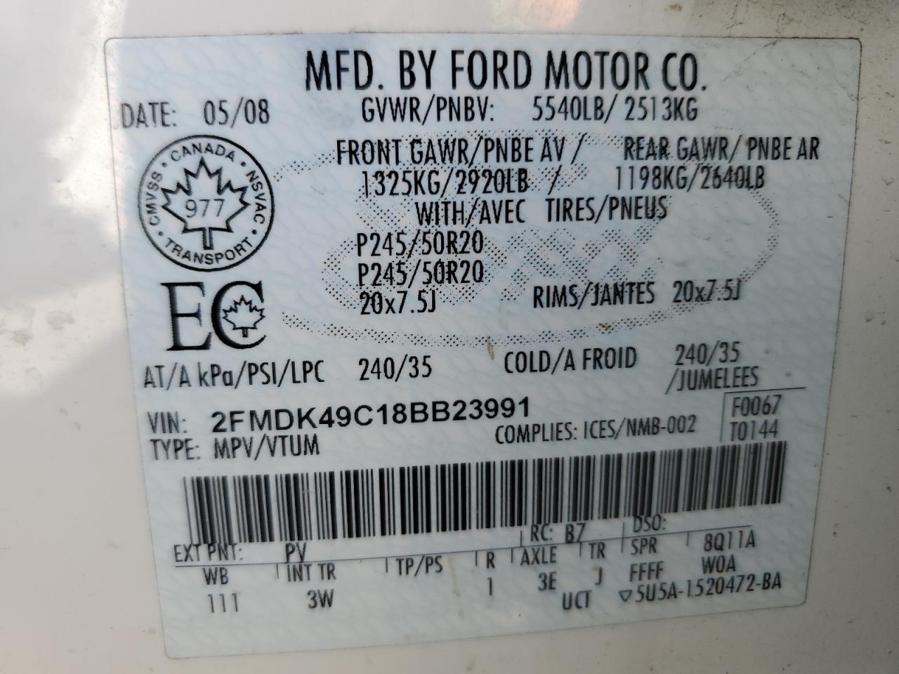 2008 Ford Edge Limited VIN: 2FMDK49C18BB23991 Lot: 71354795